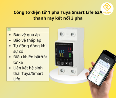 Công tơ điện tử 1 pha kết nối wifi dạng thanh ray Tuya Smart Life 63A