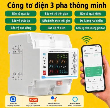 Công Tơ Điện 3 Pha Tuya WiFi 100A - Đo Điện 2 Chiều Giao Nhận Solar