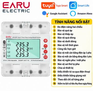 Công Tơ Điện 3 Pha Earu Tuya WiFi 100A - Đo Điện 2 Chiều Giao Nhận Solar