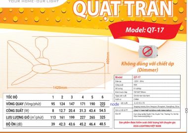 Quạt trần 3 cánh nhựa ABS điều khiển remote Asia Lighting QT17