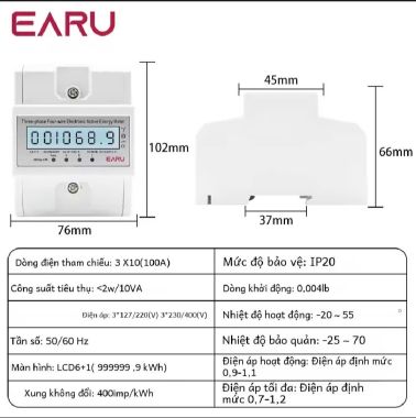 Công tơ điện tử 3 pha 4 dây trực tiếp 100A EARU - dạng thanh ray EA771