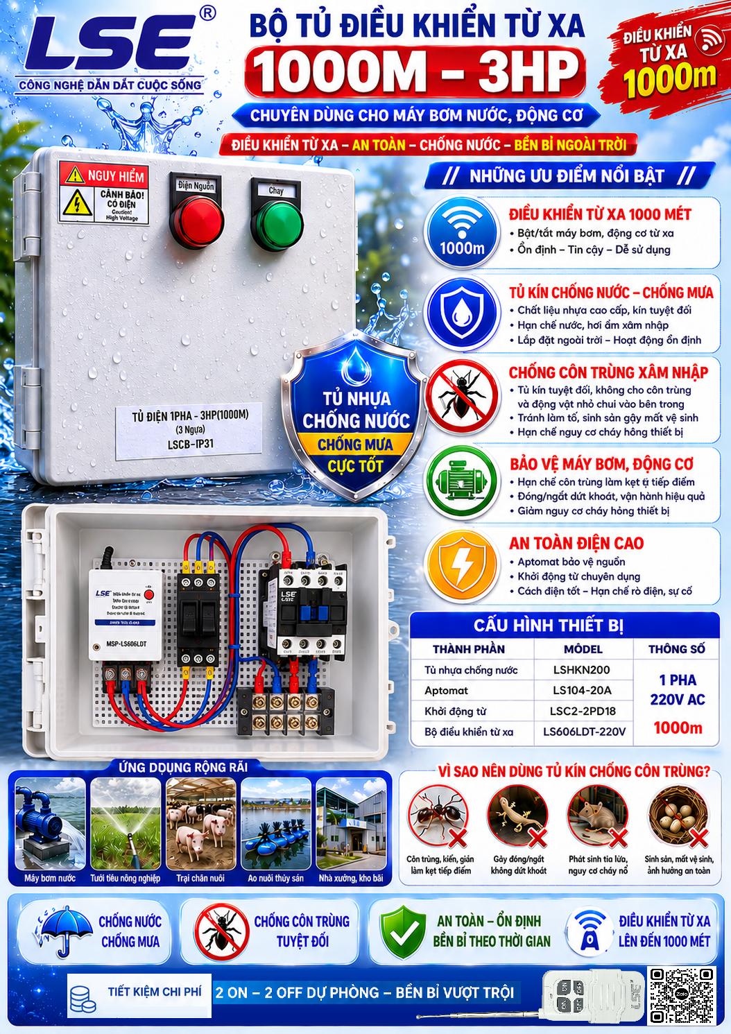 Bộ Tủ Điều Khiển Từ Xa LSE 1000M 3HP Cho Máy Bơm Nước, Động Cơ