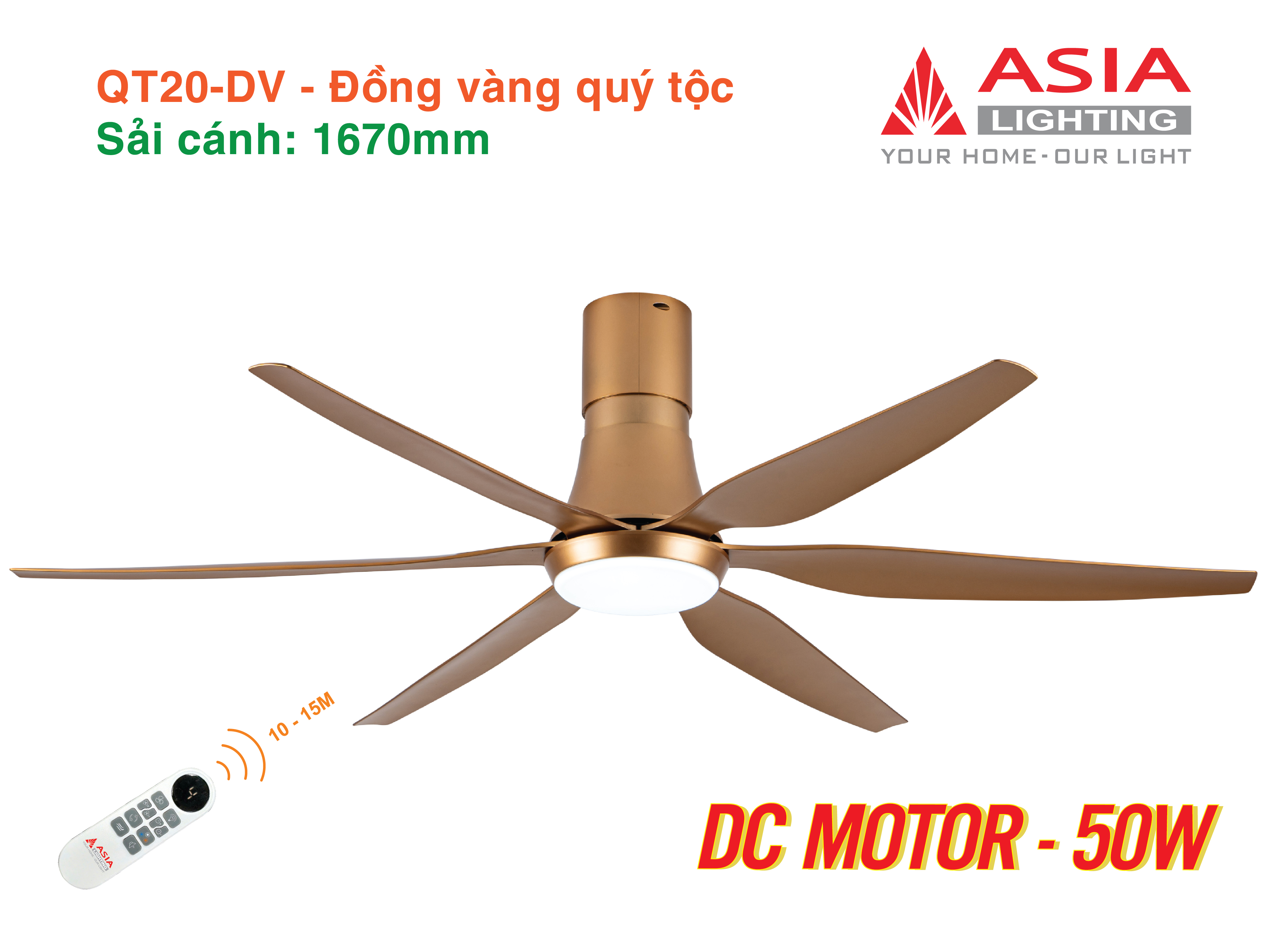 Quạt Trần Đèn ASIA LIGHTING Cao Cấp 6 Cánh – Sải Cánh 1670 – QT20