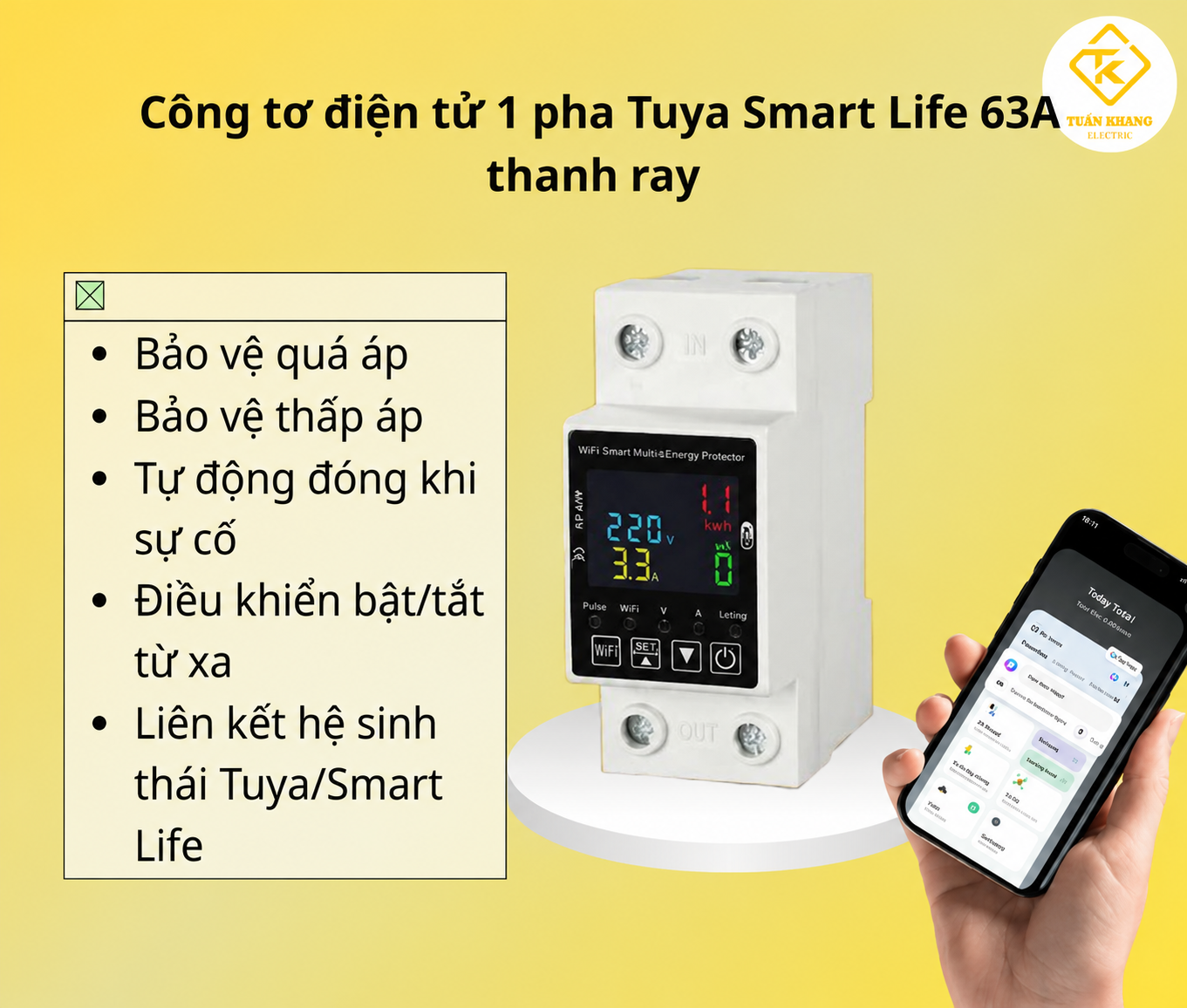 Công tơ điện tử 1 pha kết nối wifi dạng thanh ray Tuya Smart Life 63A