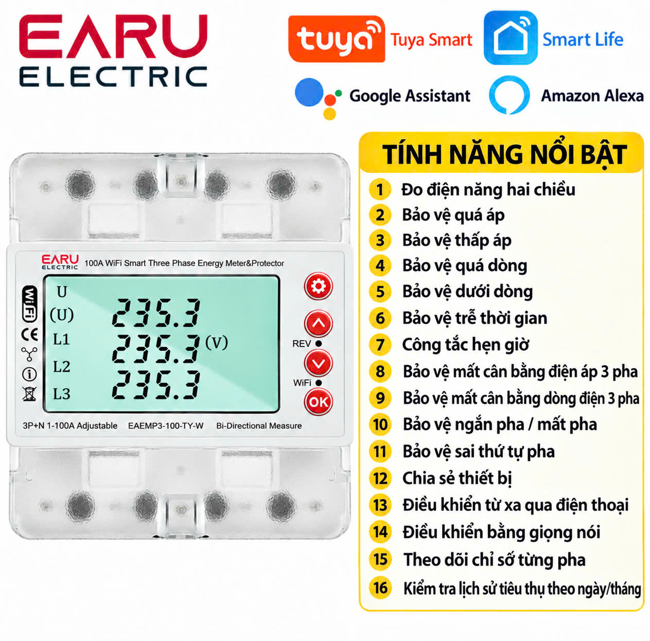 Công tơ điện 3 pha earu tuya wifi 100A