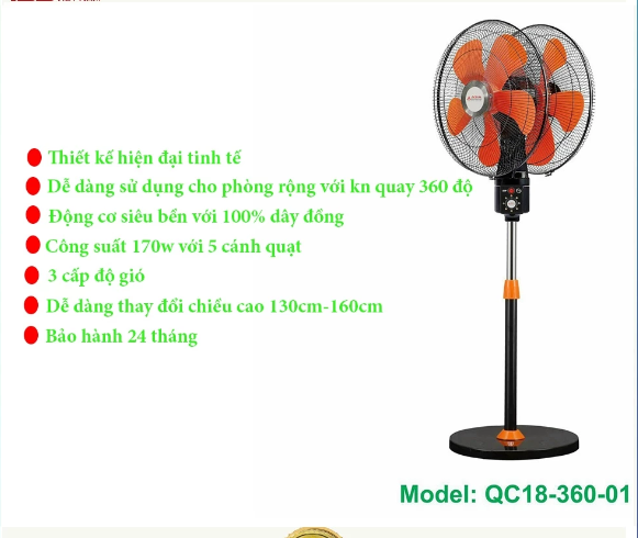 Quạt cây hai đầu cao cấp ASIA 360 độ QC18-360 màu Đỏ Cam