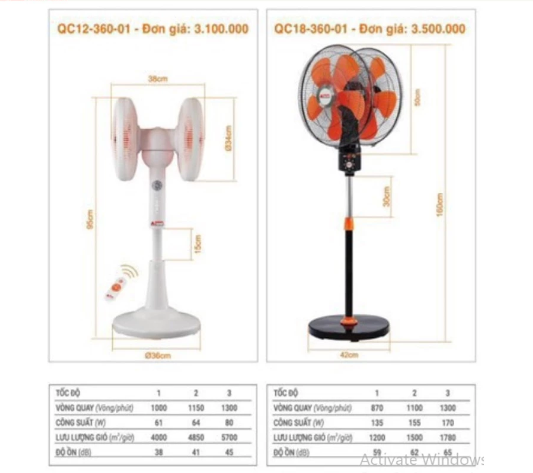 Quạt 2 đầu xoay 360 độ có điều khiển Remote Asia Lighting - QC12-360
