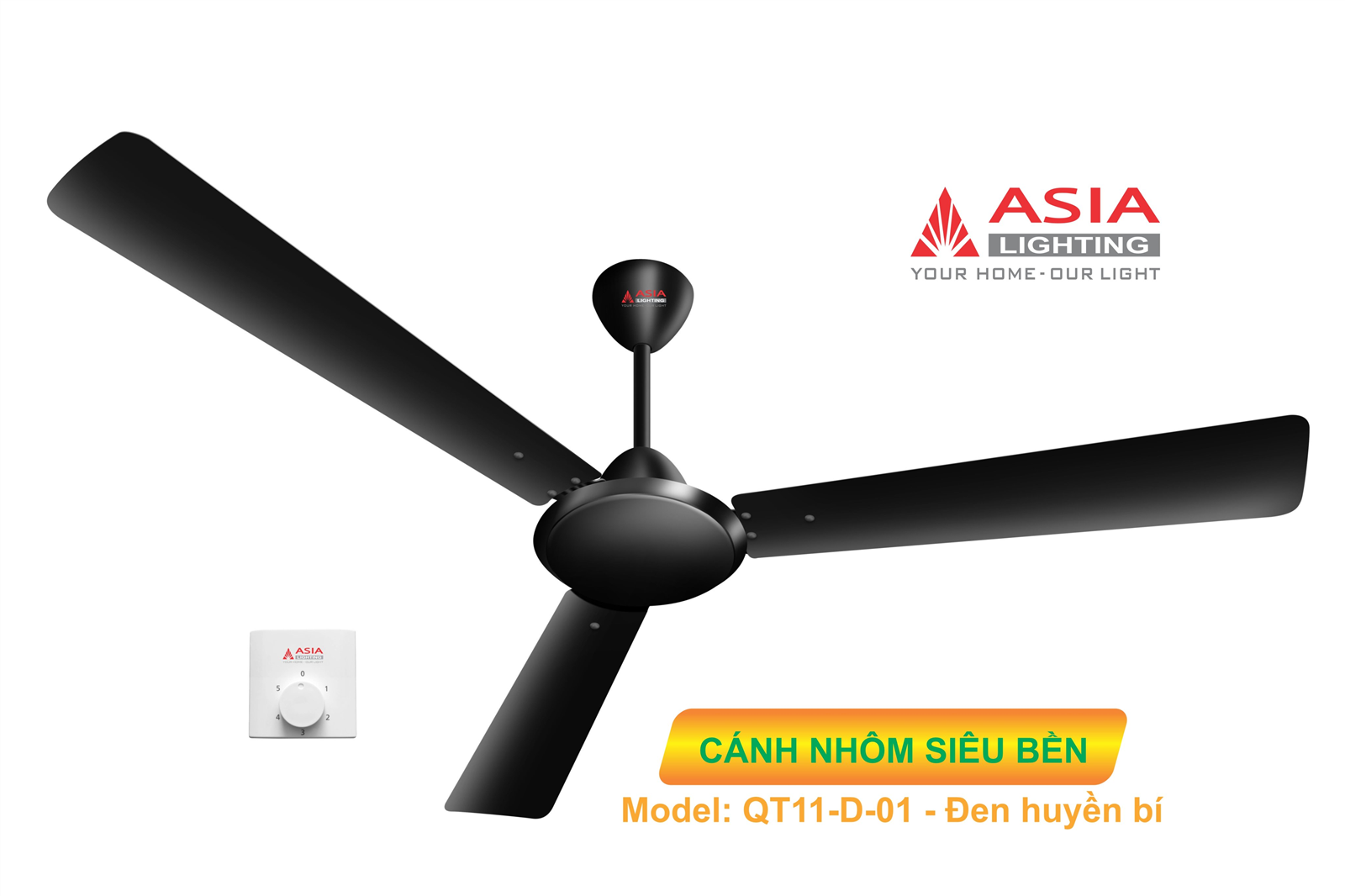 Quạt Trần Cao Cấp ASIA QT11-D-01 – 3 Cánh Nhôm Tĩnh Điện, Hộp Số, Màu Đen Huyền Bí