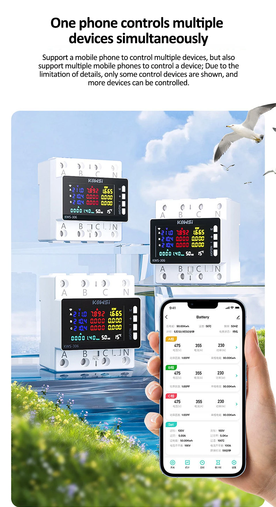 Đồng hồ đo điện đa chức năng Tuya KWS-306WF kết nối Wifi 3 pha thông minh