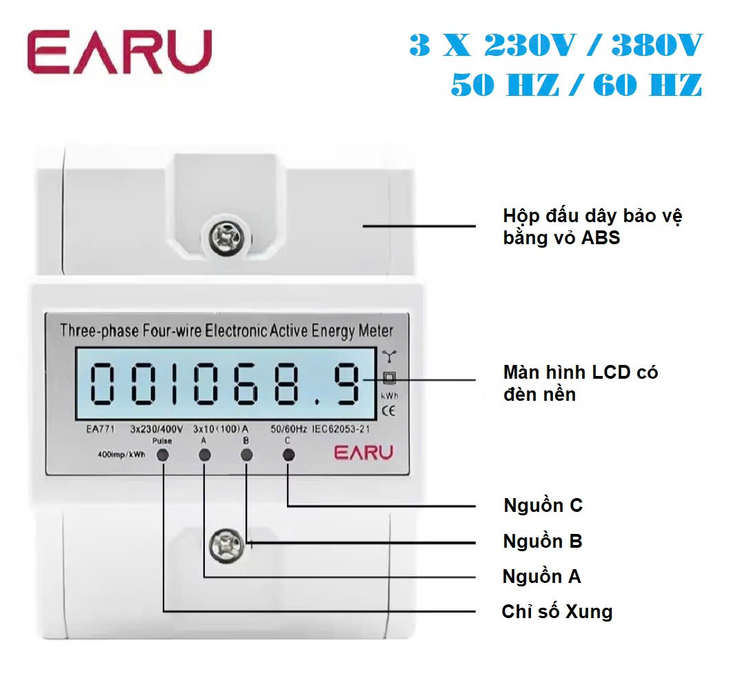 Công tơ điện tử 3 pha 4 dây trực tiếp 100A EARU - dạng thanh ray EA771
