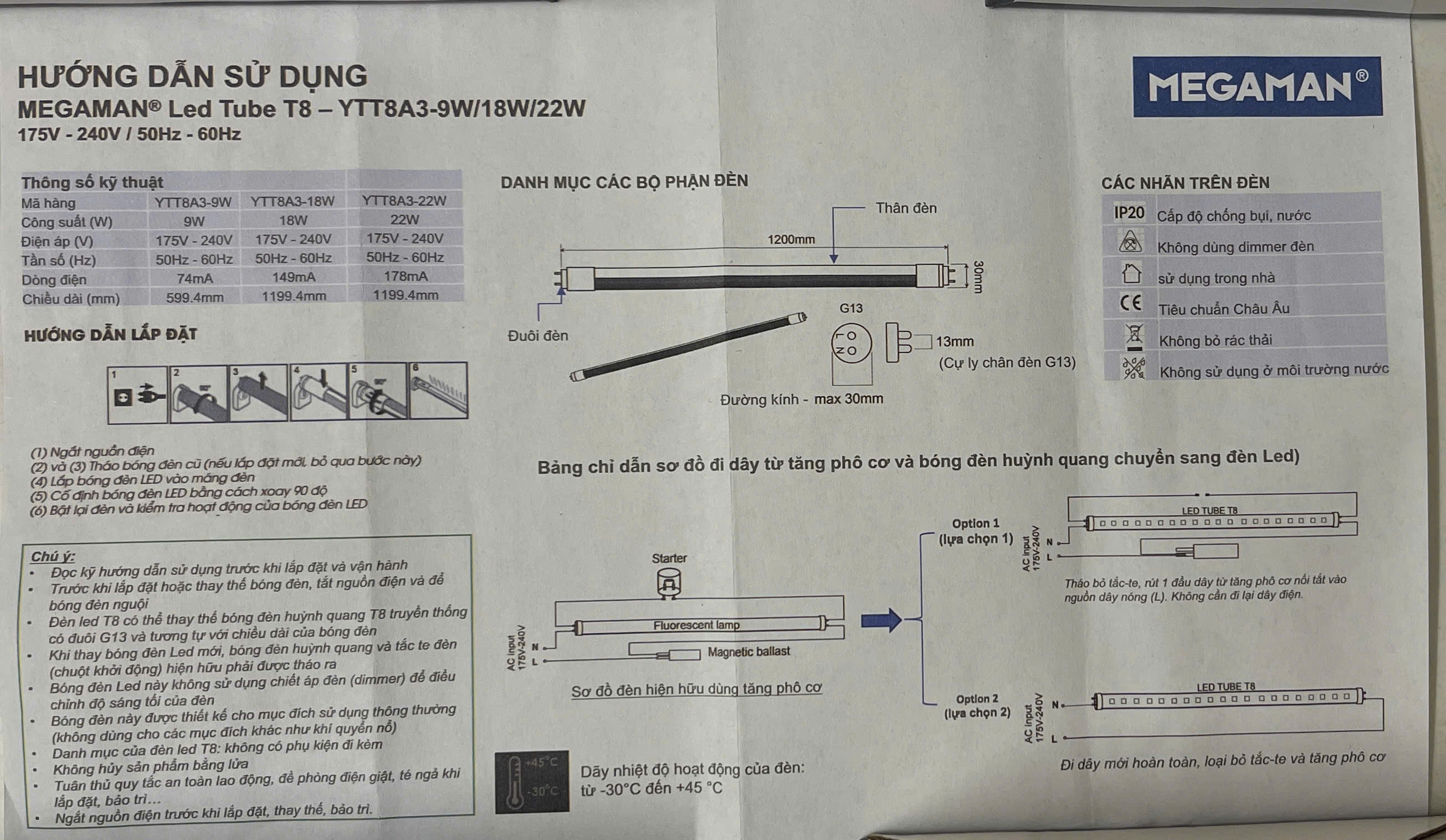 Bóng đèn LED Tube 22W/30W T8 thủy tinh Megaman